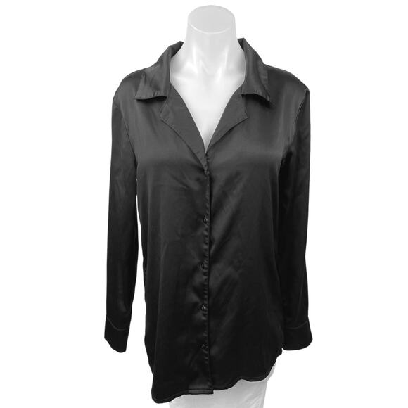 Nasty Gal Black Silk Satin Button Down Long Sleeve Collar Shirt Blouse Top Sz 2 - Picture 1 of 5
